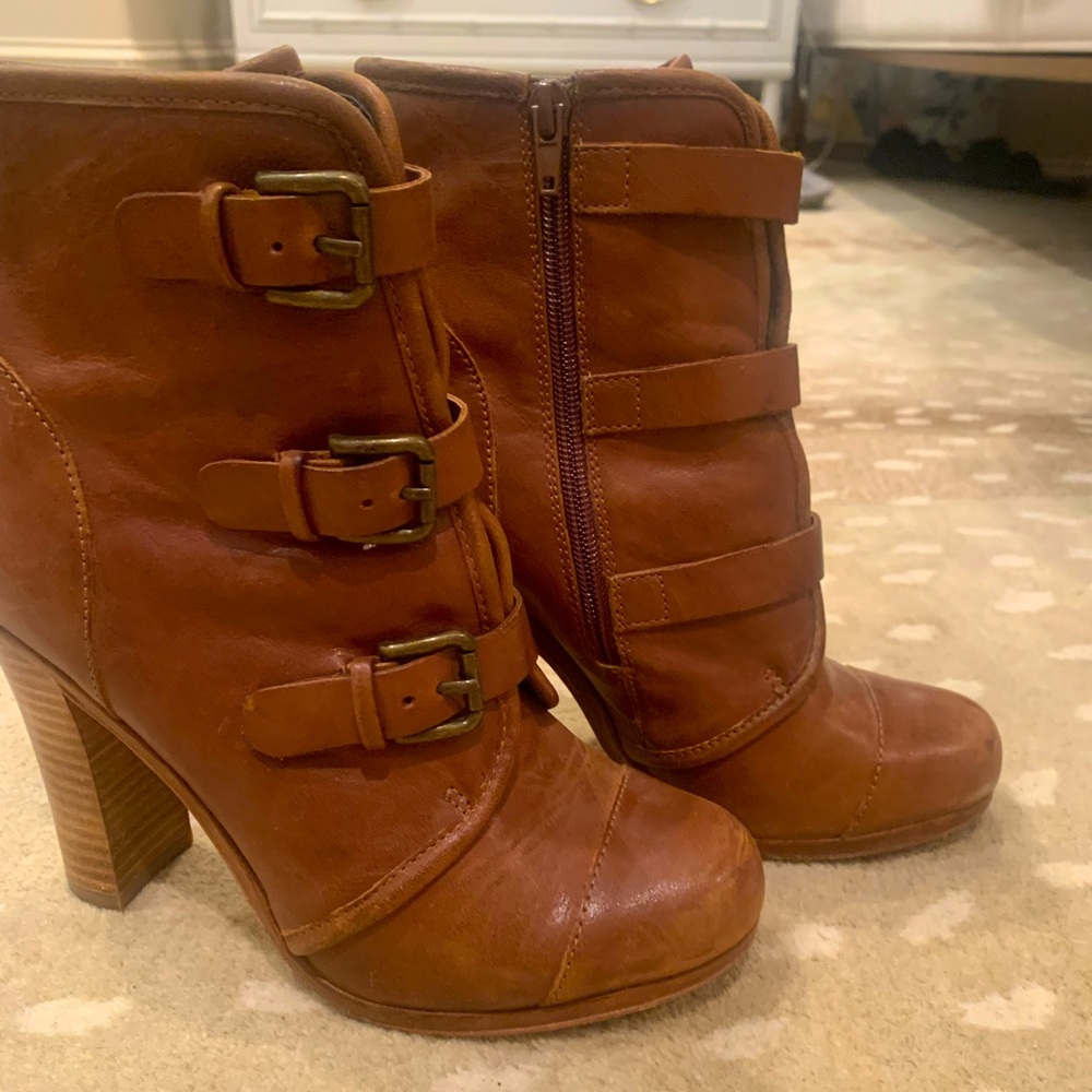 Tracy Reese Camel Leather Buckle Midcalf Boots